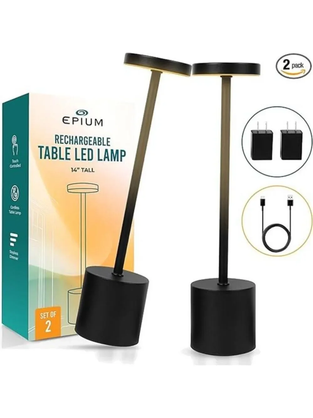 Cordless Table Lamps Set of 2 LED Rechargeable Dimmable USB Mood Light for Patio
